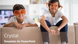  Presentation with eyes kids - PPT layouts enhanced with funny kids with silly glasses on eyes at home background and a coral colored foreground