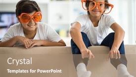  Presentation with eyes kids - Presentation design enhanced with funny kids with silly glasses on eyes at home background and a coral colored foreground