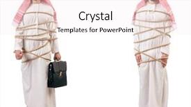  Presentation with man in suit and tie - Beautiful PPT theme featuring funny law - arab man tied up backdrop and a  colored foreground