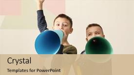  Presentation with cartoon cheerleading megaphones - Presentation consisting of funny little boys with paper background and a soft green colored foreground