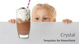  Presentation with chocolate milk - Amazing PPT theme having funny little girl hiding behind white table and looking at glass of chocolate milk backdrop and a light gray colored foreground