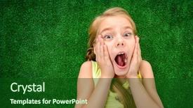  Presentation with green fashion - Colorful slide deck enhanced with funny little girl lying on a green lawn and expressing surprise kid's fashion summer holidays backdrop and a forest green colored foreground