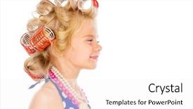  Presentation with hair dress - Presentation design featuring funny little girl in her mother's hair curlers and polka-dot dress kid's fashion cosmetics pin-up style isolated over white background and a white colored foreground