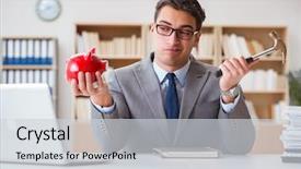  Presentation with search button searching information online - Cool new theme with funny loan - businessman in search of his backdrop and a  colored foreground