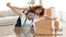  Presentation with married couple - Amazing PPT theme having funny loan - happy married couple backdrop and a coral colored foreground