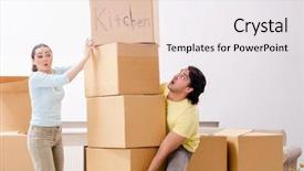  Presentation with loan - PPT theme featuring funny loan - young pair moving to new background and a white colored foreground