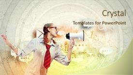  Presentation with speaking - Colorful slide set enhanced with funny looking woman speaking with a megaphone backdrop and a cream colored foreground