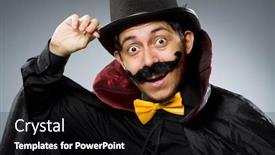  Presentation with magician - Presentation theme having funny magician man wearing tophat background and a black colored foreground