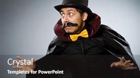  Presentation with magician - Slide deck having funny magician man wearing tophat background and a dark gray colored foreground