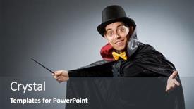  Presentation with magician - Presentation theme having wierd - funny magician man with wand background and a dark gray colored foreground