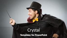  Presentation with magician - Slides featuring wierd - funny magician man with wand background and a dark gray colored foreground