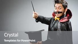  Presentation with magician - Audience pleasing PPT layouts consisting of funny magician man with wand backdrop and a gray colored foreground