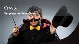  Presentation with magician - Beautiful presentation theme featuring funny magician man with wand and hat backdrop and a gray colored foreground