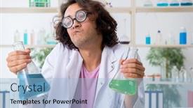  Presentation with chemist - Cool new slides with funny male chemist working in the lab backdrop and a light blue colored foreground