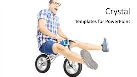  Presentation with bicycle - Presentation design enhanced with funny man - nerdy young male riding background and a white colored foreground