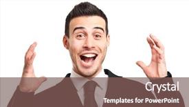  Presentation with executive - Slide set consisting of funny man - portrait of young executive looking background and a violet colored foreground