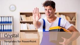  Presentation with electrical contractor - PPT theme consisting of funny man doing electrical repairs background and a coral colored foreground