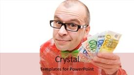  Presentation with young man holdng laptop on lap money - Colorful PPT layouts enhanced with funny man holding european money backdrop and a red colored foreground