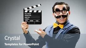  Presentation with clapper - Amazing PPT layouts having funny man holding movie clapper backdrop and a gray colored foreground