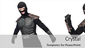  Presentation with man in suit guitar - Presentation theme featuring funny man in armour suit background and a light gray colored foreground