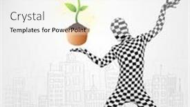  Presentation with eco - Colorful presentation theme enhanced with funny man in full body suit with eco plant ecological concept backdrop and a white colored foreground