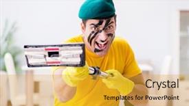  Presentation with military defensive tactics - Presentation theme featuring funny man in military style background and a gold colored foreground