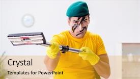  Presentation with military - Cool new PPT theme with funny man in military style backdrop and a gold colored foreground