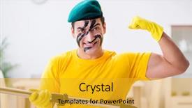  Presentation with military - Amazing PPT theme having funny man in military style backdrop and a gold colored foreground