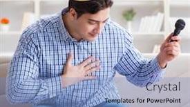  Presentation with funny - PPT layouts with funny man singing songs in karaoke at home background and a light blue colored foreground