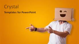  Presentation with cardboard - PPT theme consisting of funny-man-wearing-cardboard-box background and a gray colored foreground