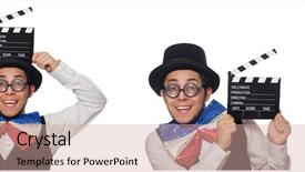  Presentation with funny - Audience pleasing theme consisting of funny man wearing giant bow backdrop and a  colored foreground