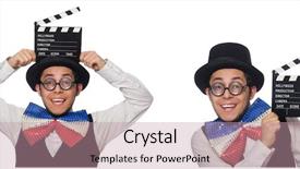  Presentation with fixing his black bow tie - Colorful PPT layouts enhanced with funny man wearing giant bow backdrop and a  colored foreground