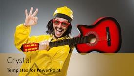  Presentation with suit guitar - Slide deck with funny man wearing yellow suit and playing guitar background and a gold colored foreground