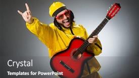  Presentation with suit guitar - Slide deck consisting of funny man wearing yellow suit and playing guitar background and a dark gray colored foreground