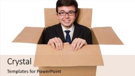  Presentation with thinking outside box - PPT theme consisting of funny man with boxes isolated background and a coral colored foreground