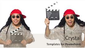  Presentation with clapper - Cool new PPT theme with funny man with clapper-board backdrop and a  colored foreground
