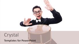  Presentation with drum - PPT layouts featuring funny man with drum on white background and a soft green colored foreground