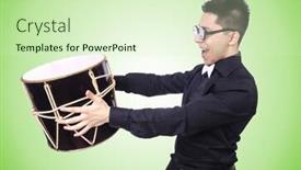  Presentation with drum - PPT layouts consisting of funny man with drum on white background and a soft green colored foreground