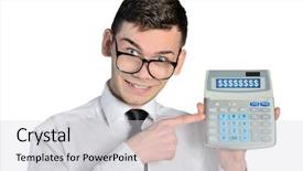  Presentation with calculator - Presentation theme with funny man with hand calculator background and a light gray colored foreground