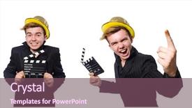  Presentation with clapboard - Beautiful presentation theme featuring funny man with movie clapboard backdrop and a violet colored foreground