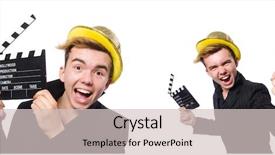  Presentation with clapboard - Beautiful presentation design featuring funny man with movie clapboard backdrop and a soft green colored foreground