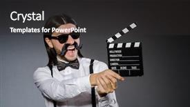  Presentation with clapboard - PPT layouts with funny man with movie clapboard background and a dark gray colored foreground
