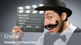  Presentation with clapper - PPT layouts consisting of chaplin - funny man with movie clapper background and a  colored foreground