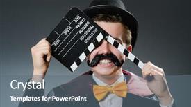  Presentation with clapper - Audience pleasing PPT theme consisting of chaplin - funny man with movie clapper backdrop and a  colored foreground