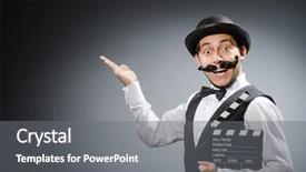  Presentation with clapper - PPT theme consisting of funny man with movie clapper background and a gray colored foreground
