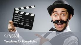  Presentation with clapper - Amazing presentation theme having funny man with movie clapper backdrop and a gray colored foreground