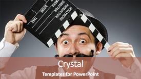  Presentation with clapper - Amazing PPT theme having grass with drops of dew in the park in nature backdrop and a gold colored foreground