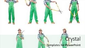  Presentation with funny - Cool new presentation theme with funny man with shears isolated backdrop and a mint green colored foreground