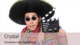  Presentation with clapper - Slide deck having funny mexican in poncho with clapper-board isolated on white background and a soft green colored foreground