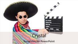  Presentation with clapper - Cool new slide set with funny mexican in poncho with clapper-board isolated on white backdrop and a lemonade colored foreground